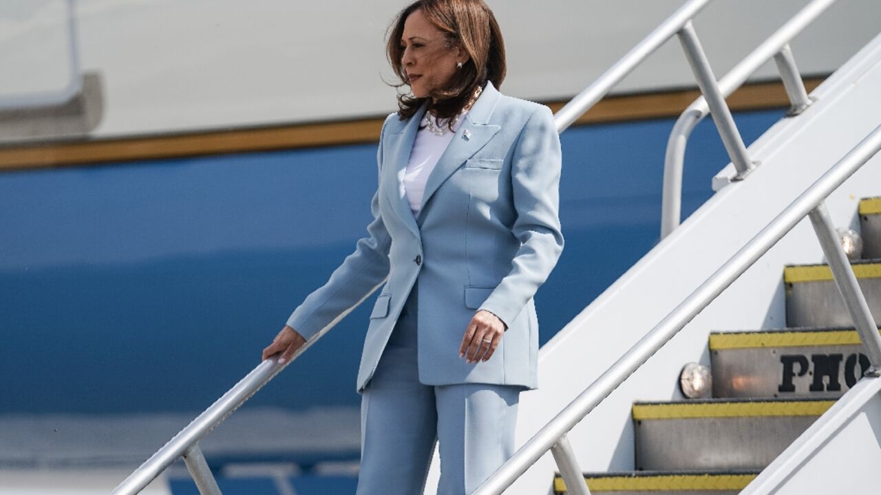 US Vice President and 2024 Democratic presidential candidate Kamala Harris steps off Air Force Two as she arrives at Hartsfield Jackson International Airport in Atlanta, Georgia, on July 30, 2024, to attend a campaign event.