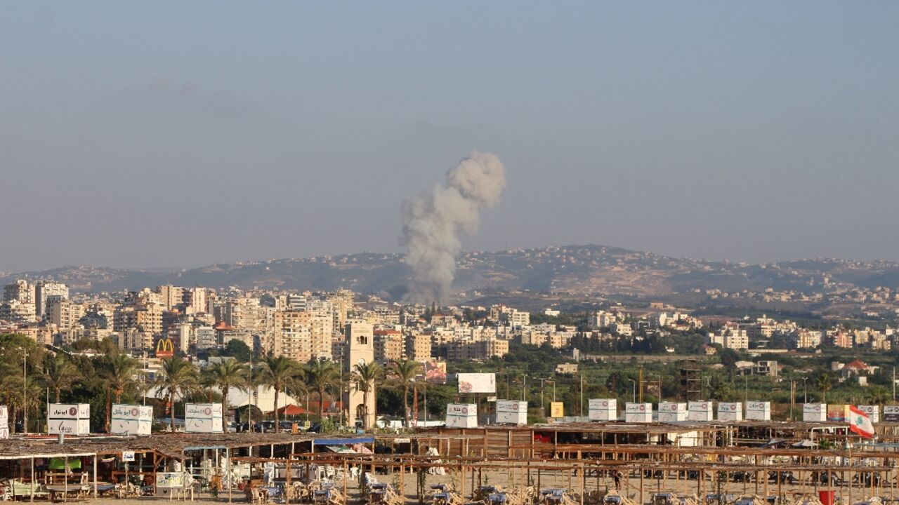 Smoke billows after an Israeli airstrike that targeted the southern Lebanese village of Abbasiyeh on September 24, 2024