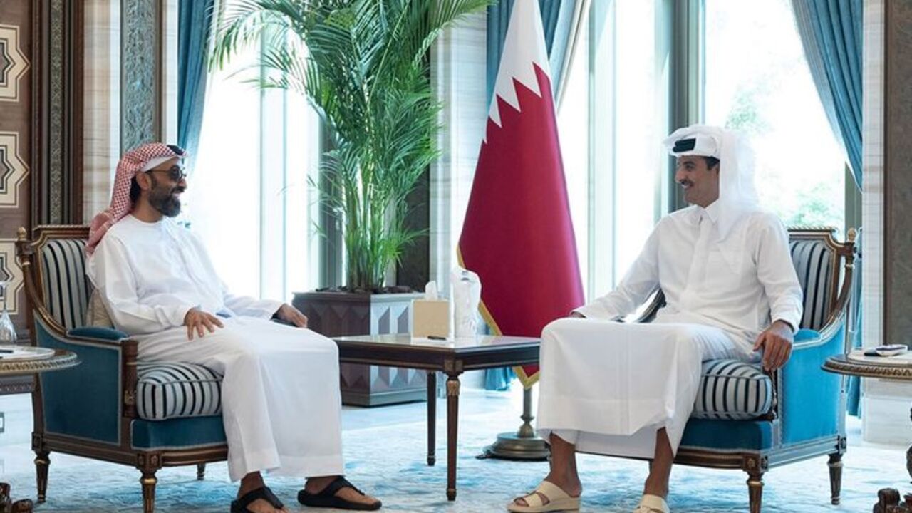Sheikh Tamim bin Hamad Al Thani, Emir of the State of Qatar, and Sheikh Tahnoon bin Zayed Al Nahyan, Deputy Ruler of Abu Dhabi and National Security Adviser, in Doha on Sunday