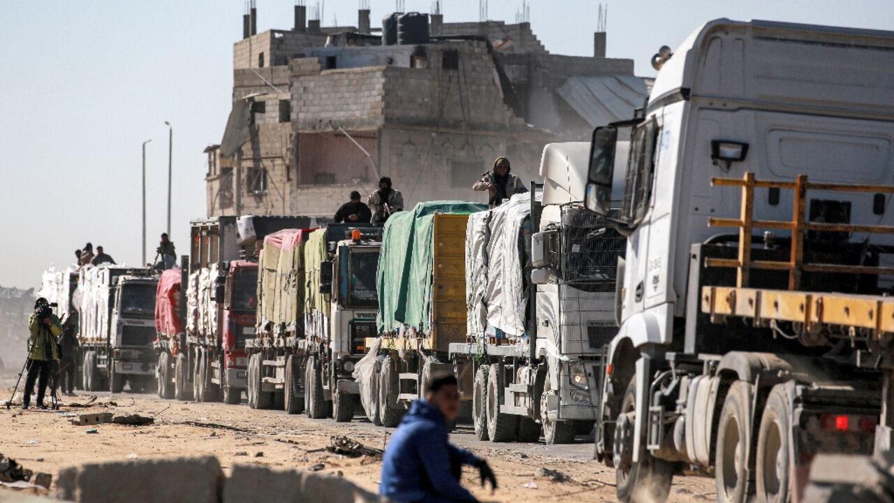 An aid convoy arrives in Rafah district in the southern Gaza Strip.