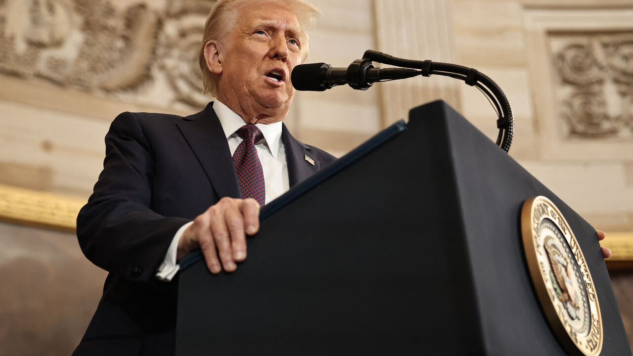 US President Donald Trump delivers his inaugural address after being sworn in as the the 47th president of the United States in the Rotunda of the US Capitol on January 20, 2025 in Washington, DC. Trump takes office for his second non-consecutive term as the 47th president of the United States. (Photo by Chip Somodevilla / POOL / AFP) (Photo by CHIP SOMODEVILLA/POOL/AFP via Getty Images)