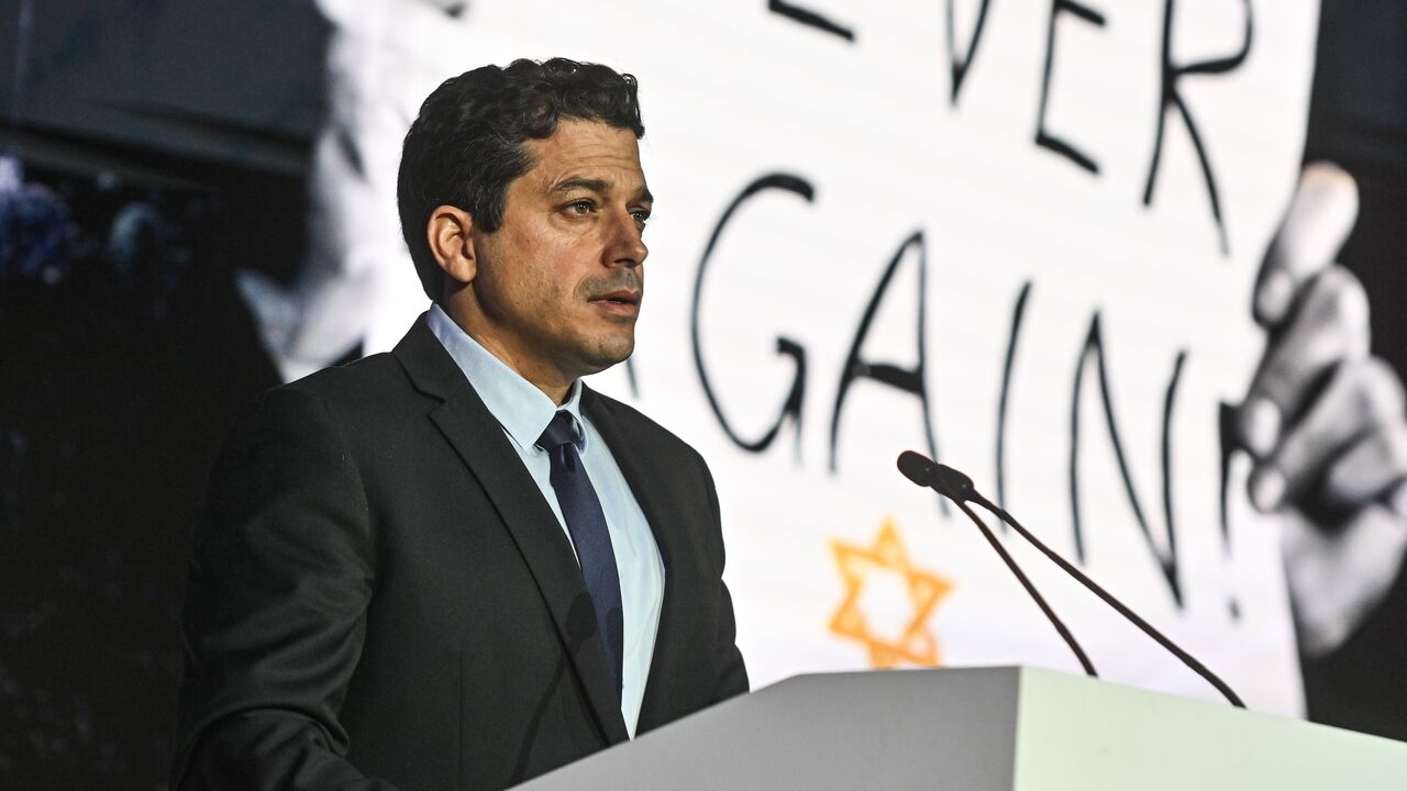 Minister of Diaspora Affairs and Combating Antisemitism of the State of Israel Amichai Chikli delivers a speech during the symposium on fighting antisemitism on Jan. 22, 2024, in Krakow, Poland. 
