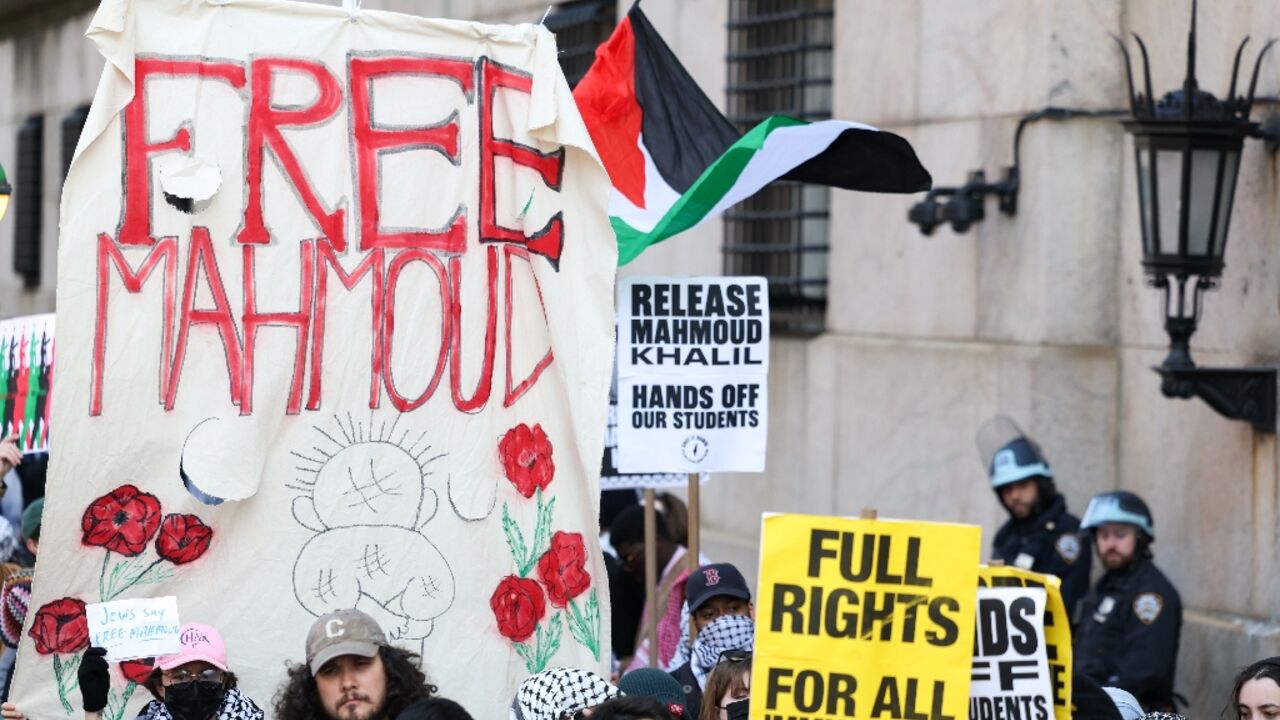 Protesters at Columbia University demand the release of student activist Mahmoud Khalil