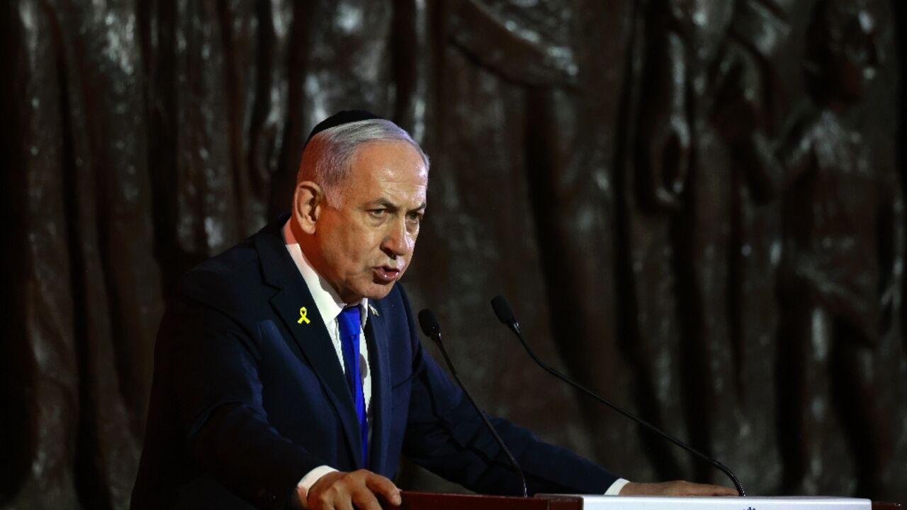 Israeli Prime Minister Benjamin Netanyahu speaks during a ceremony marking Holocaust Remembrance Day