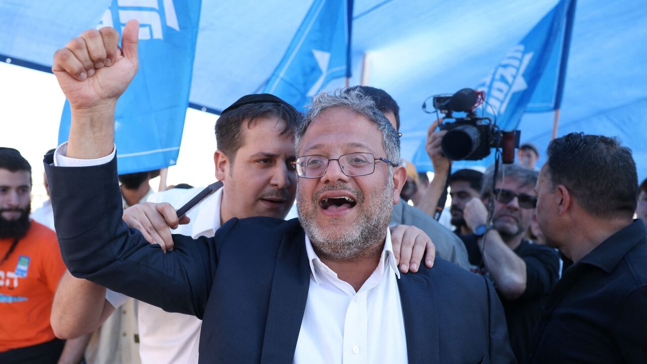Israeli far-right Minister Itamar Ben Gvir attends a gathering by right-wing activists near the border with Gaza, on Oct. 21, 2024, calling to establish a new Jewish settlement in the Gaza Strip.
