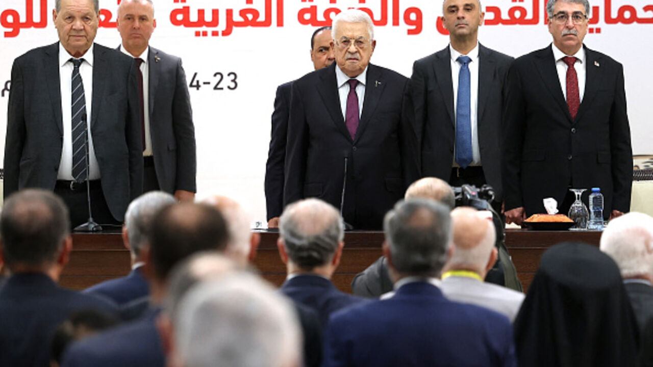 Palestinian Authority President Mahmoud Abbas attends the 32nd Palestinian Liberation Organization (PLO) Central Council session in Ramallah on April 23, 2025. (ZAIN JAAFAR/AFP via Getty Images)