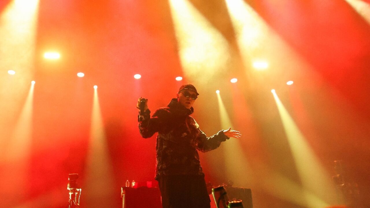 Mo Chara from Irish hip hop trio Kneecap onstage at the 2025 Coachella Valley