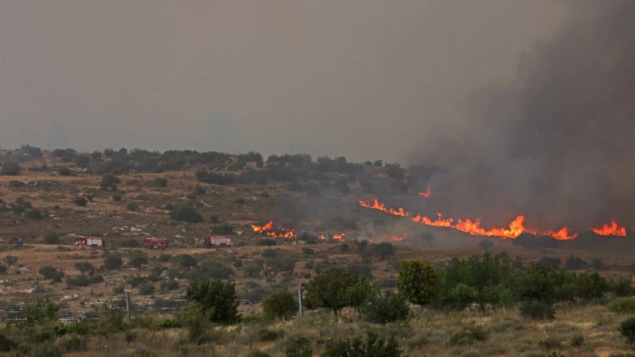 Flames engulf vegetation during a forest fire near the central Israeli town of Bet Shemesh on April 30, 2025