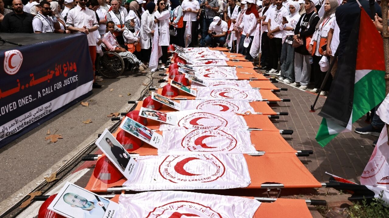 Hundreds of Palestinian Red Crescent staff marched in the occupied West Bank city of Ramallah against the killing of medical workers in Gaza over the past 19 months of war