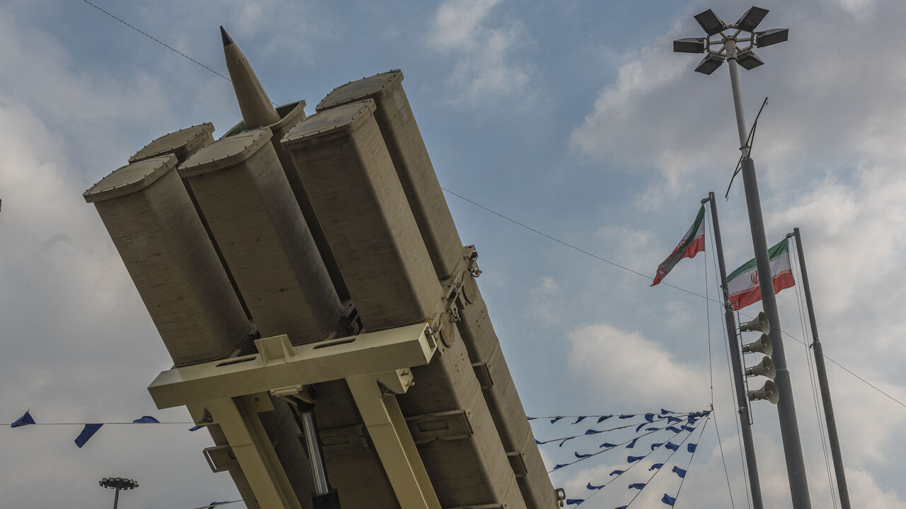 An Iran-made missile and its launchers are exhibited during a rally that marks the 46th anniversary of Iran's 1979 Islamic Revolution in Tehran, Iran, on February 10, 2025. (Photo by Hossein Beris / Middle East Images / Middle East Images via AFP) (Photo by HOSSEIN BERIS/Middle East Images/AFP via Getty Images)
