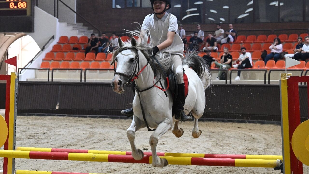 A rider competes at the Al-Nasr Equestrian Show Jumping Championship in Dimas, northwest of Damascus