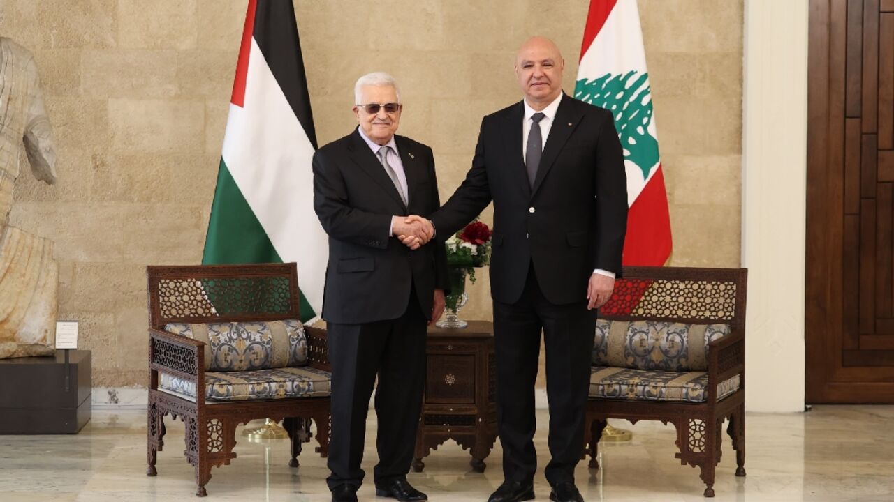 Palestinian president Mahmud Abbas (L) meets his Lebanese counterpart Joseph Aoun on his first visit to Beirut since 2017.