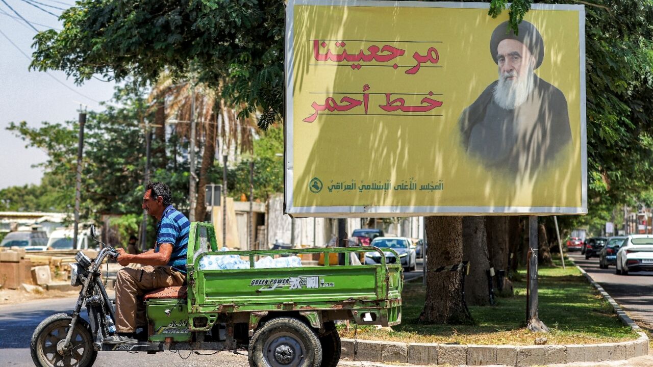 A billboard depicting Iraq's top Shiite cleric Ayatollah Ali al-Sistani, in Baghdad