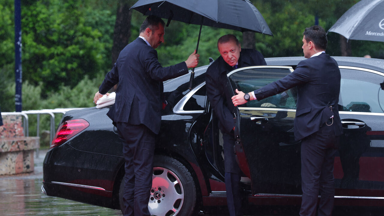 TIRANA, ALBANIA - MAY 16: Turkish President Recep Tayyip Erdogan arrive at the 6th European Political Community summit on May 16, 2025 at Skanderbeg Square in Tirana, Albania. The EPC brings together heads of state and government from the 27 European Union countries and 20 others. The items on today's agenda are security and democratic resilience, competitiveness and economic security, and mobility challenges and youth empowerment. (Photo by Armando Babani/Getty Images)