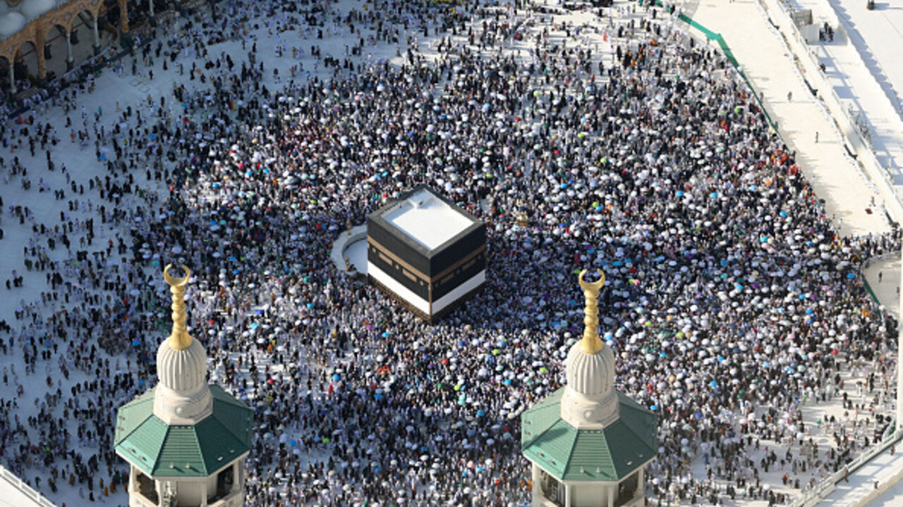 This aerial view shows Muslims visiting the Grand Mosque in the Saudi holy city of Mecca on June 8, 2025, at the end of the annual Hajj pilgrimage. (Photo by AFP) (Photo by -/AFP via Getty Images)