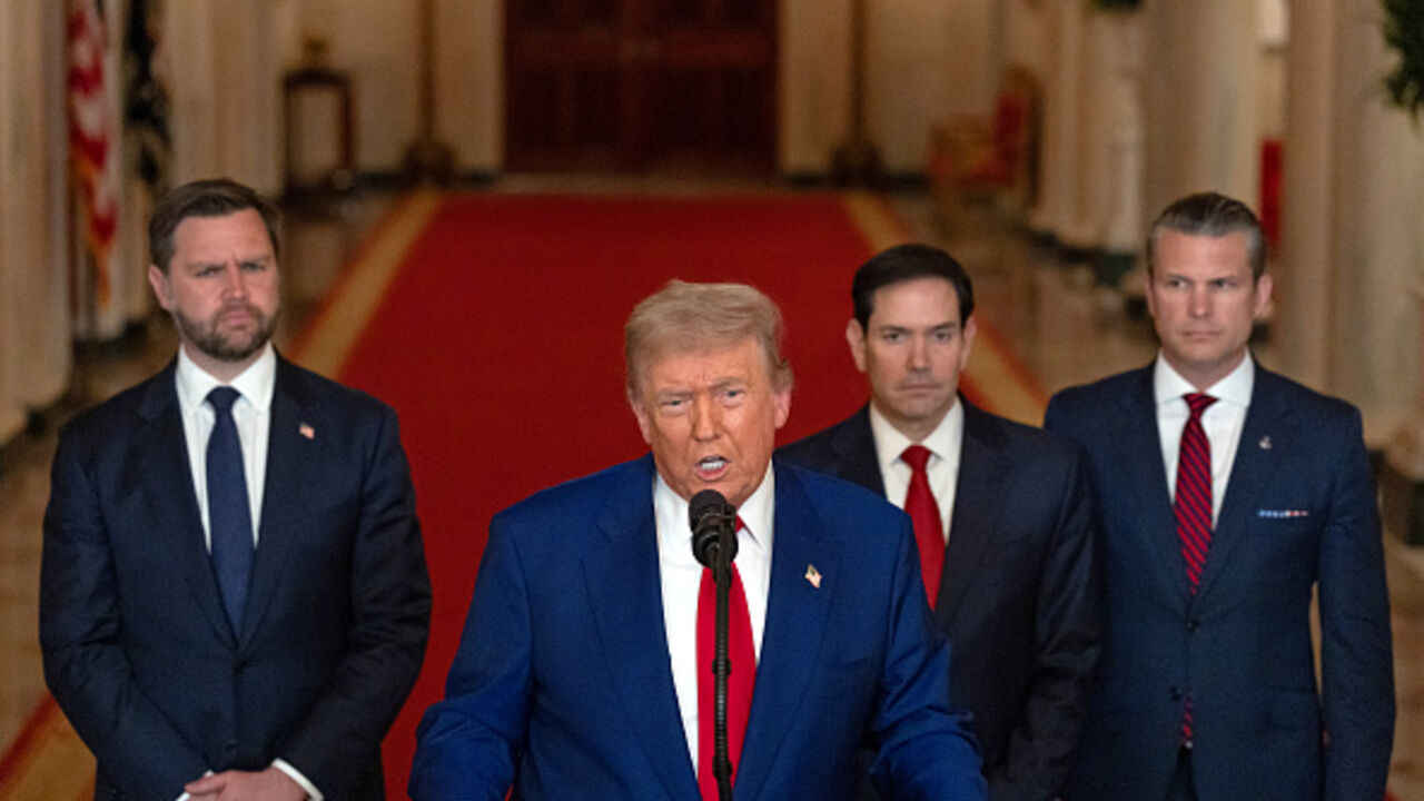 US President Donald Trump addresses the nation, alongside US Vice President JD Vance (L), US Secretary of State Marco Rubio (2nd R) and US Secretary of Defense Pete Hegseth (R), from the White House in Washington, DC on June 21, 2025, following the announcement that the US bombed nuclear sites in Iran