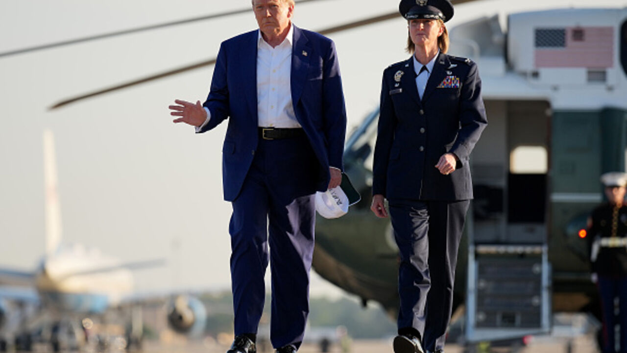 JOINT BASE ANDREWS, MARYLAND - JUNE 24: U.S. President Donald Trump on his way to board Air Force One to depart for the 2025 NATO Summit on June 24, 2025 at Joint Base Andrews, Maryland. This year's NATO summit, which brings together heads of state and government from across the military alliance, is being held in the Netherlands for the first time. Among other matters, members are to approve a new defense investment plan that raises the target for defense spending to 5% of GDP. (Photo by Andrew Harnik/Gett