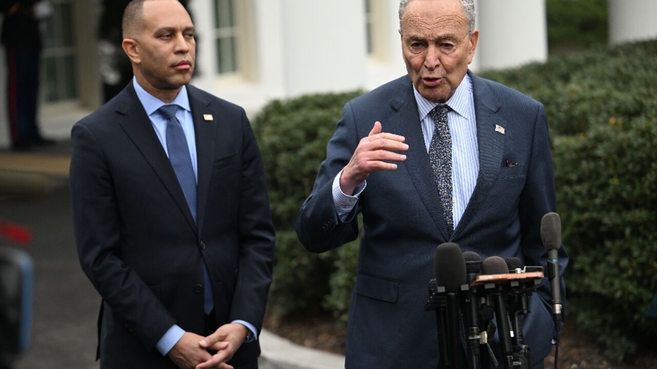 Senate Minority Leader Chuck Schumer (right) and House Minority Leader Hakeem Jeffries, pictured outside the White House in 2024, both released statements rebuking President Donald Trump