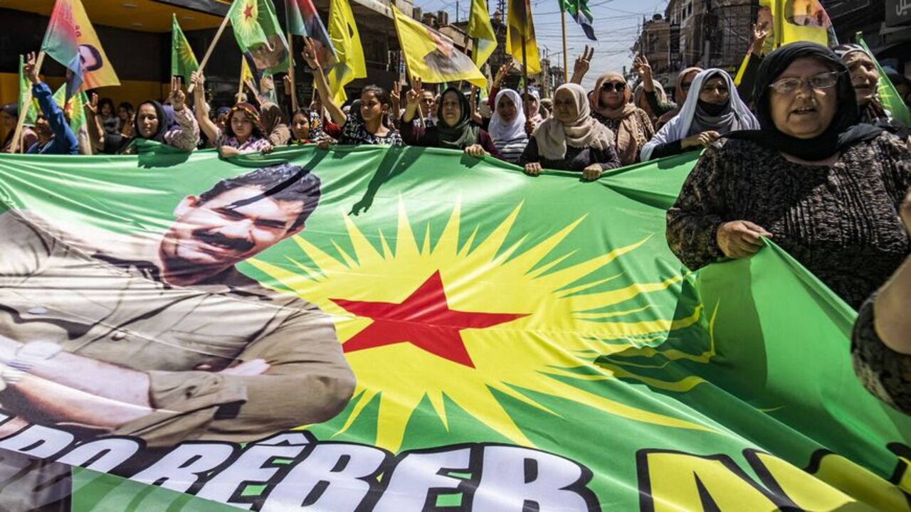 Kurdish Syrians demonstrate in the Syrian eastern city of Qamishli to demand the release of the jailed founder of the Kurdistan Workers Party, Abdullah Ocalan, in Turkey, on May 29, 2025. 