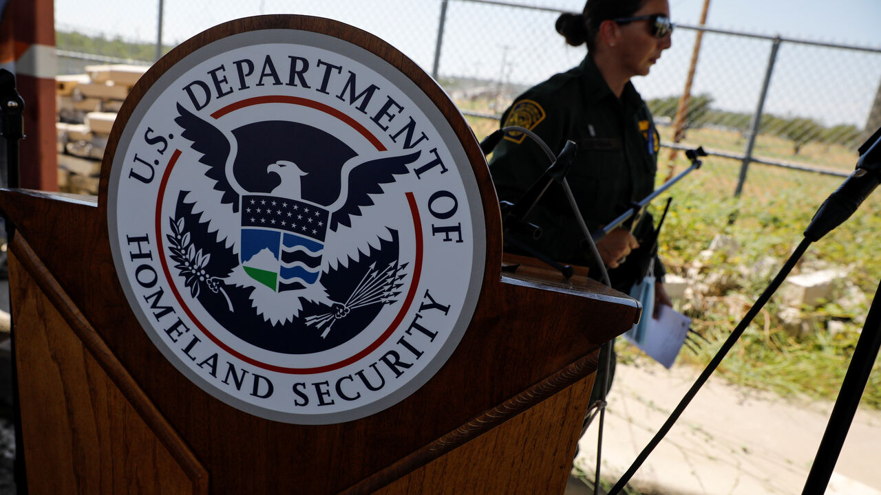 FILE PHOTO: The seal of the U.S. Department of Homeland Security is seen after a news conference in Del Rio, Texas, U.S., September 19, 2021. REUTERS/Marco Bello/File photo