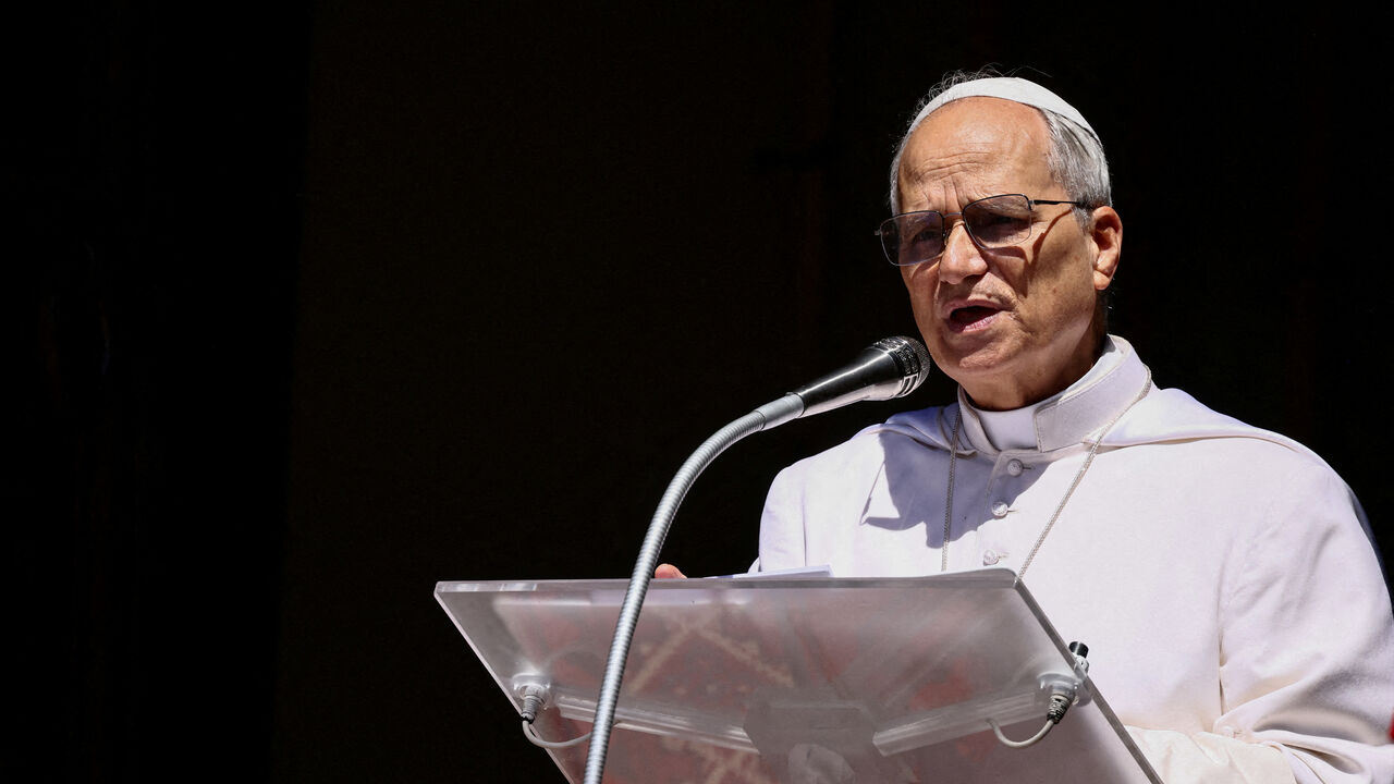 Pope Leo XIV leads the Angelus prayer in Castel Gandolfo, Italy, July 20, 2025. REUTERS/Yara Nardi