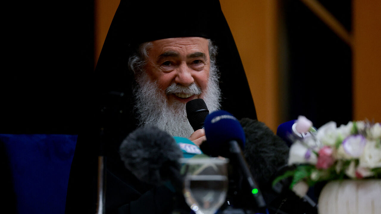 Greek Orthodox Patriarch of Jerusalem Theophilos III attends a press conference after a trip to Gaza where he visited a church shelled by Israel, in Jerusalem, July 22, 2025. REUTERS/Ammar Awad