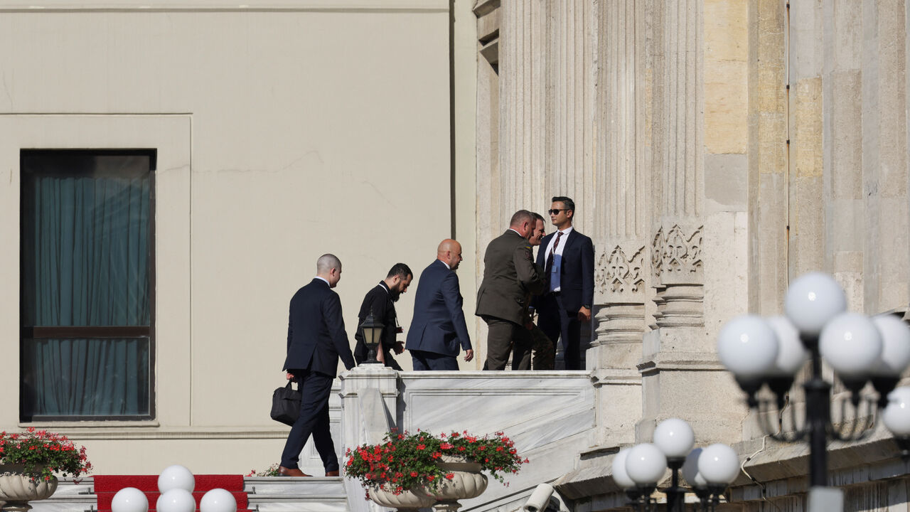 Members of the Ukrainian delegation arrive at Ciragan Palace, as a third round of peace talks between Russia and Ukraine is expected to be held, in Istanbul, Turkey, July 23, 2025. REUTERS/Murad Sezer