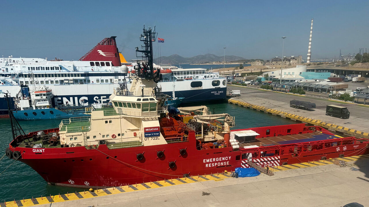 Salvage vessel "Giant" is moored at the port of Piraeus, before sailing to the Red Sea to assist in maritime accidents and global shipping and protect seafarers, following the Houthi attacks revival, in Piraeus, Greece, July 24, 2025. Greek Shipping Ministry/Handout via REUTERS