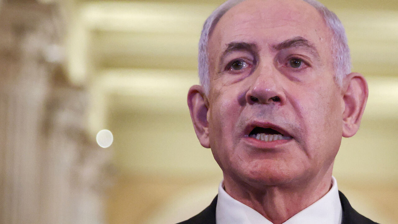 FILE PHOTO: Israeli Prime Minister Benjamin Netanyahu speaks to the press, on Capitol Hill in Washington, D.C. U.S. July 8, 2025. REUTERS/Evelyn Hockstein/File Photo
