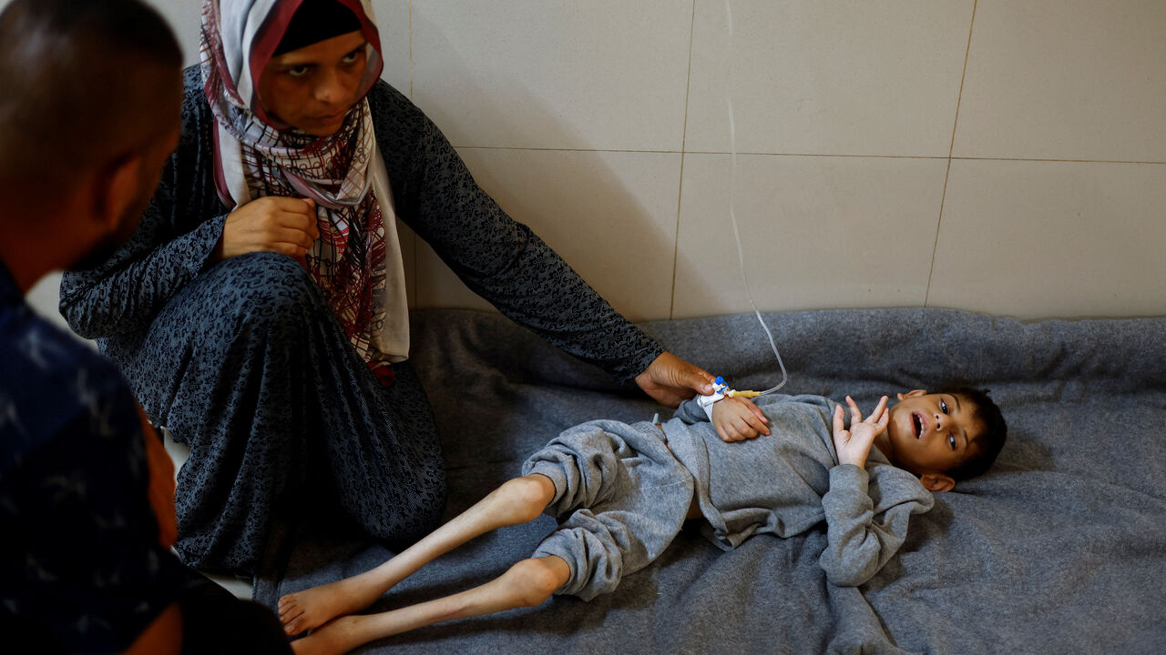 Palestinian mother Ghaneyma Joma sits next to her malnourished son Younis Joma as he receives treatment at Nasser hospital in Khan Younis, in the southern Gaza Strip, July 8, 2024. REUTERS/Mohammed Salem/File Photo