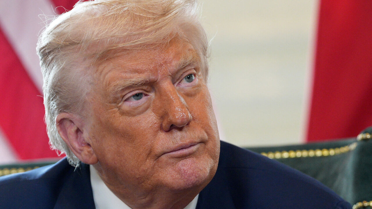 U.S. President Donald Trump looks on as he meets with British Prime Minister Keir Starmer (not pictured) at Trump Turnberry golf club on July 28, 2025 in Turnberry, Scotland, Britain. Christopher Furlong/Pool via REUTERS