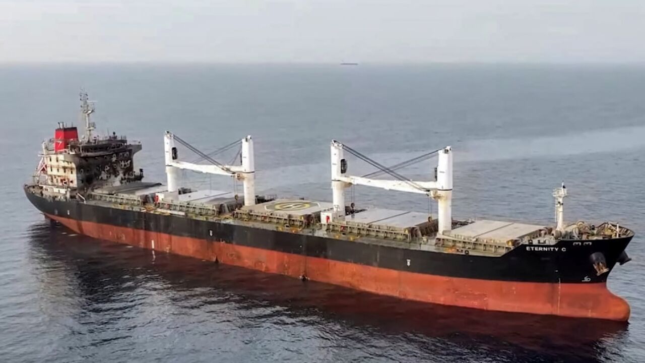 A handout picture from Huthi media showing damage from the group's attack on the Eternity C, before the ship later sank