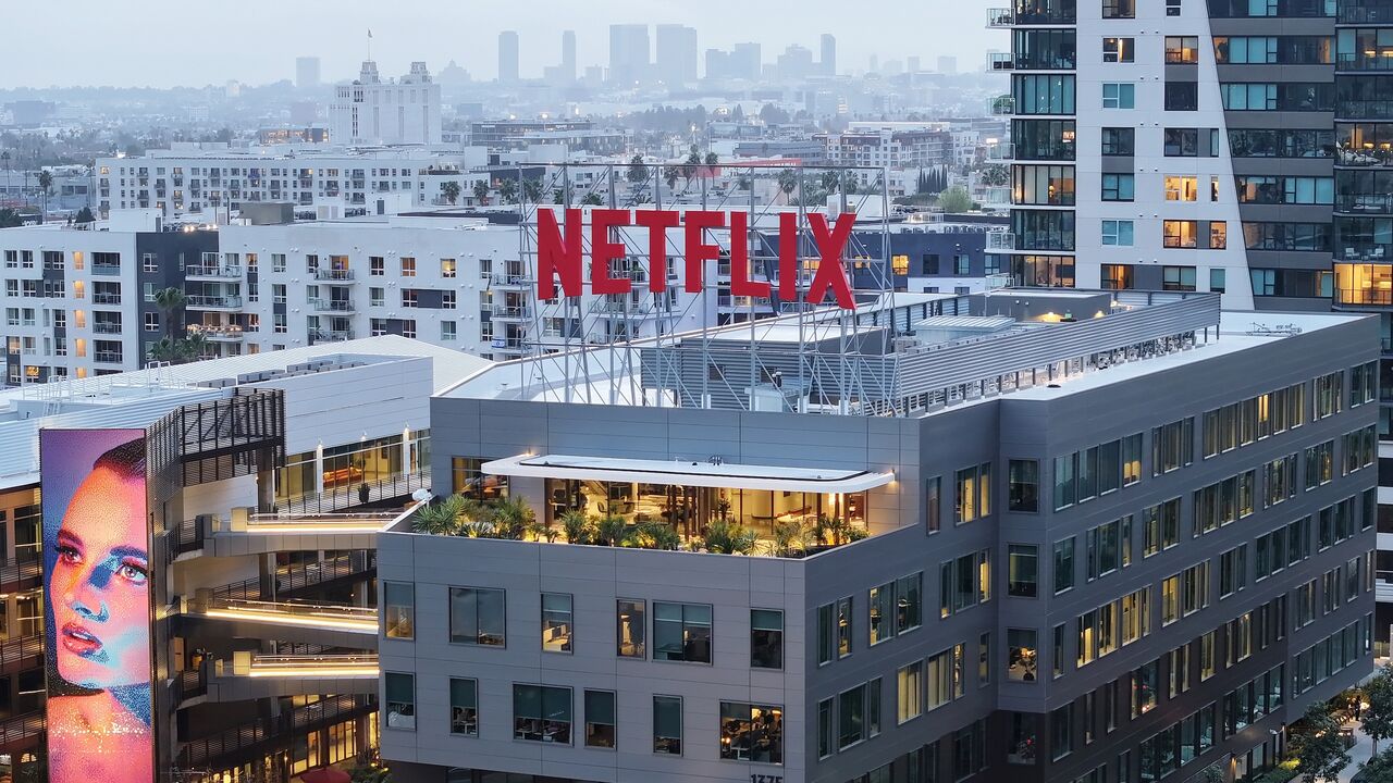 The Netflix logo is displayed above its corporate offices on Jan. 24, 2024, in Los Angeles, California. 