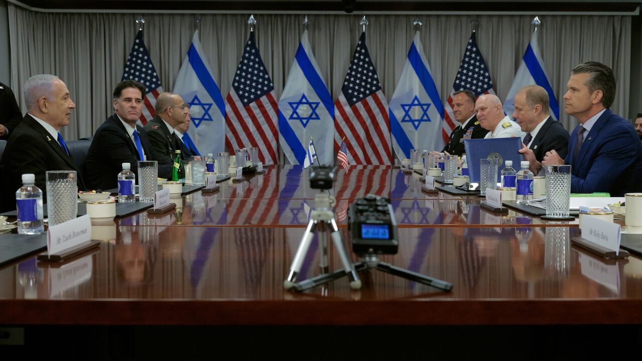 US Secretary of Defense Pete Hegseth and Israeli Prime Minister Benjamin Netanyahu sit down for a meeting at the Pentagon on July 09, 2025, in Arlington, Virginia.