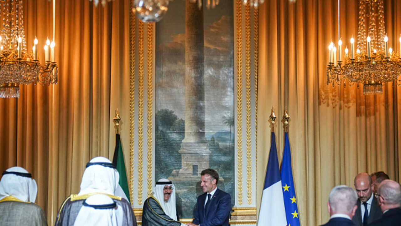 France's President Emmanuel Macron meets the Emir of Kuwait Sheikh Meshal Al Ahmad Al Sabah at the presidential Elysee Palace in Paris on July 14, 2025. (Christophe Ena/AFP via Getty Images)