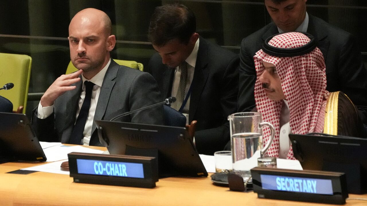 Conference co-chairs French Foreign Minister Jean-Noel Barrot and Saudi Arabia's foreign minister, Faisal bin Farhan Al-Saud, attend a ministerial high-level meeting during a United Nations conference at UN headquarters on July 28, 2025, in New York City.