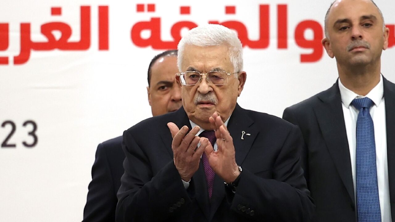 Palestinian Authority President Mahmoud Abbas attends the 32nd Palestinian Liberation Organization (PLO) Central Council session in Ramallah on April 23, 2025