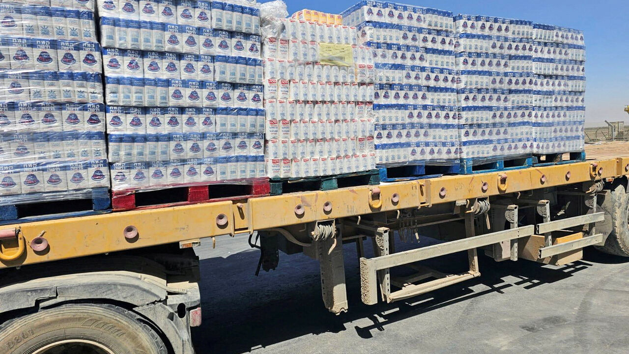 FILE PHOTO: A truck loaded with aid is seen at the Kerem Shalom crossing between Israel and Gaza, on its Israeli side in this handout image obtained by Reuters on May 20, 2025. COGAT/Handout via REUTERS/File Photo