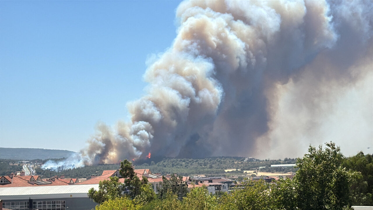 Smoke billows from a wildfire on the outskirts of the northwestern city of Canakkale, Turkey, August 11, 2025. Kanal17haber/via REUTERS