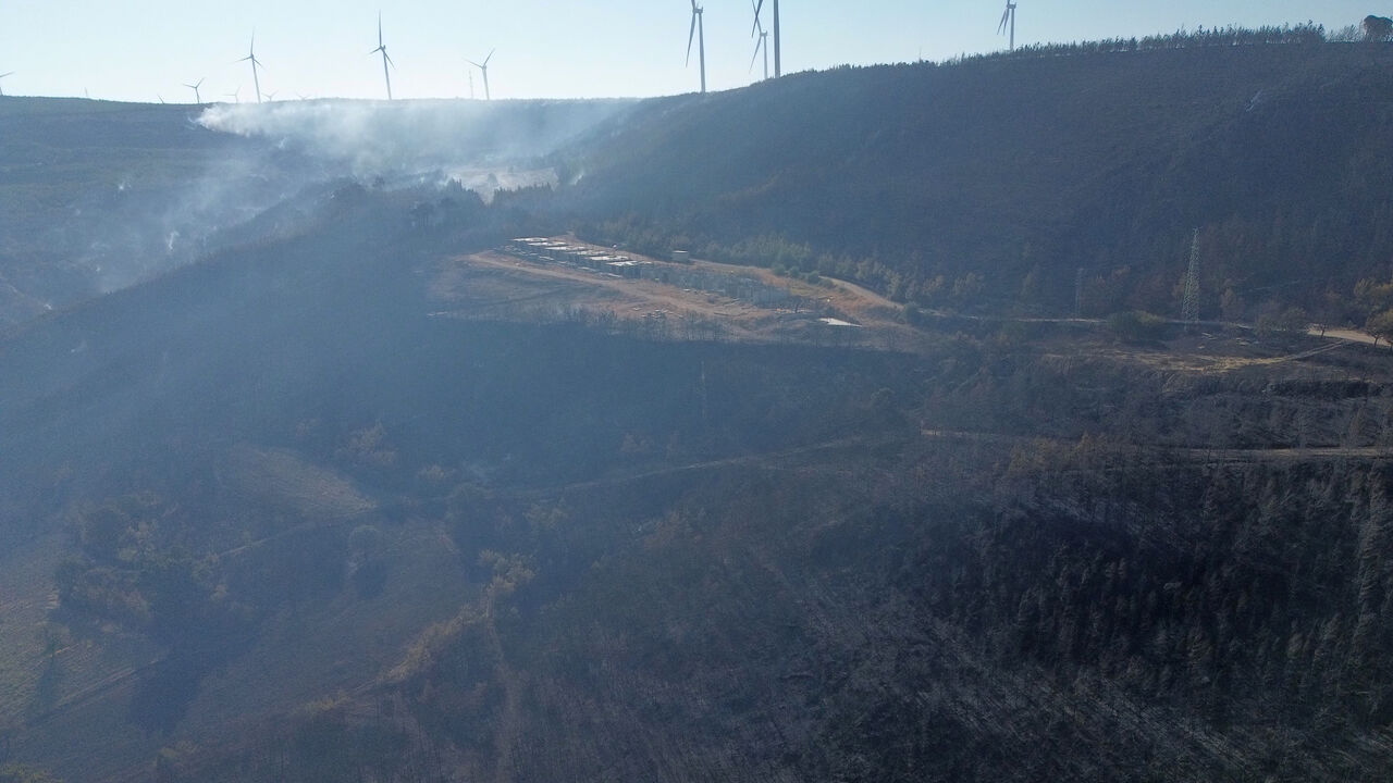 A drone view shows the aftermath of a wildfire near Erenkoy, Canakkale, Turkey, August 12, 2025. REUTERS/Efekan Akyuz