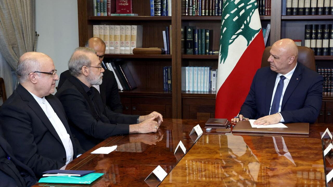 FILE PHOTO: Iran's Supreme National Security Council Secretary Ali Larijani meets with Lebanese President Joseph Aoun at the presidential palace in Baabda, Lebanon, in this handout image released on August 13, 2025. Lebanese Presidency Press Office/Handout via REUTERS/File Photo