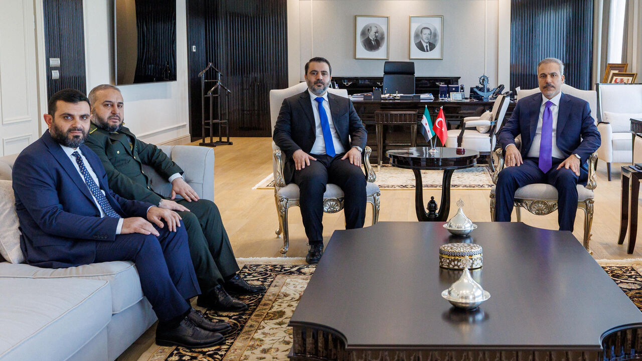 Syrian Foreign Minister Asaad Hassan al-Shibani, accompanied by General Intelligence Service Director Hussein Al-Salama and Defence Minister Murhaf Abu Qasra, meets with his Turkish counterpart Hakan Fidan in Ankara, Turkey, August 13, 2025. Turkish Foreign Ministry/Handout via REUTERS