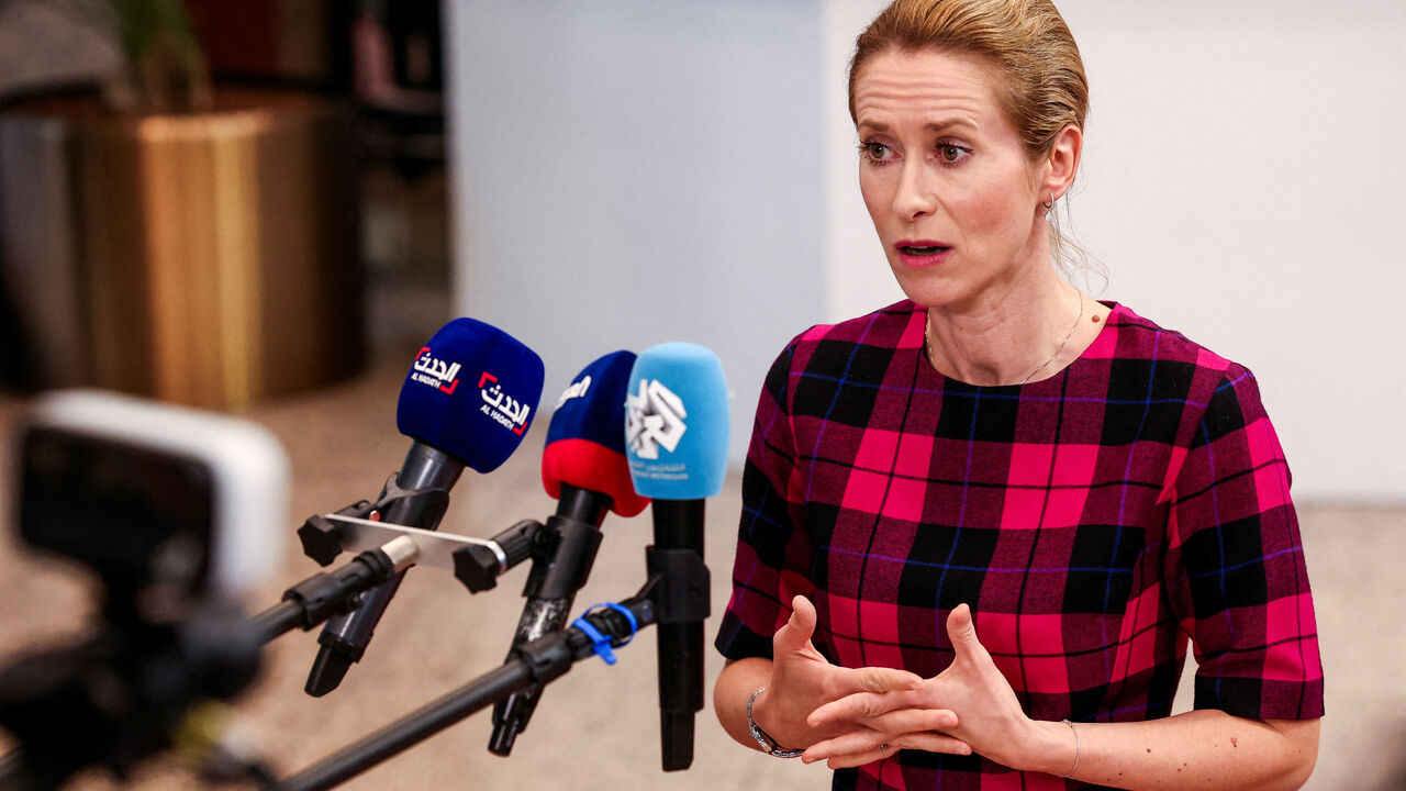 FILE PHOTO: European Union High Representative for Foreign Affairs and Security Policy Kaja Kallas speaks to the media as she arrives at the 5th EU-Southern Neighbourhood Ministerial meeting in Brussels, Belgium, July 14, 2025. REUTERS/Yves Herman/File Photo