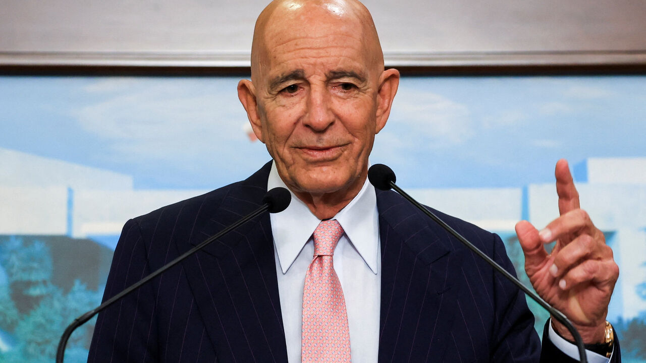 U.S. Ambassador to Turkey and U.S. special envoy for Syria Thomas Barrack speaks after meeting with Lebanese President Joseph Aoun at the presidential palace in Baabda, Lebanon August 18, 2025. REUTERS/Mohamed Azakir