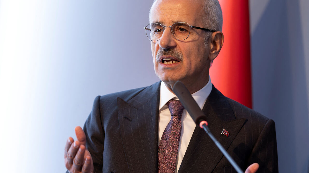 FILE PHOTO: Turkey's Minister of Transport and Infrastructure Abdulkadir Uraloglu addresses the audience during a signing ceremony in Istanbul, Turkey, April 29, 2024. REUTERS/Umit Bektas/File Photo