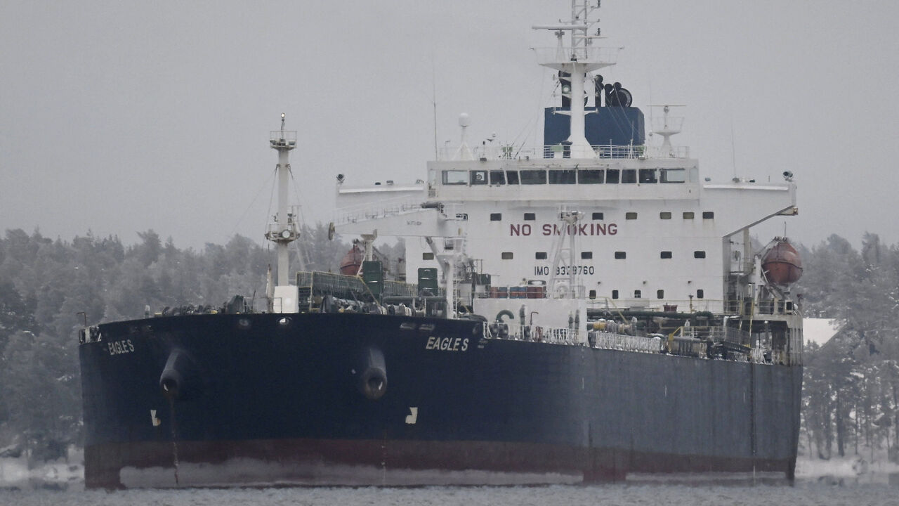 Cook Islands registered oil tanker Eagle S is seen anchored near the Kilpilahti port in Porvoo, on the Gulf of Finland, January 13, 2025.  Lehtikuva/Vesa Moilanen/via REUTERS      ATTENTION EDITORS - THIS IMAGE WAS PROVIDED BY A THIRD PARTY. NO THIRD PARTY SALES. NOT FOR USE BY REUTERS THIRD PARTY DISTRIBUTORS. FINLAND OUT. NO COMMERCIAL OR EDITORIAL SALES IN FINLAND.