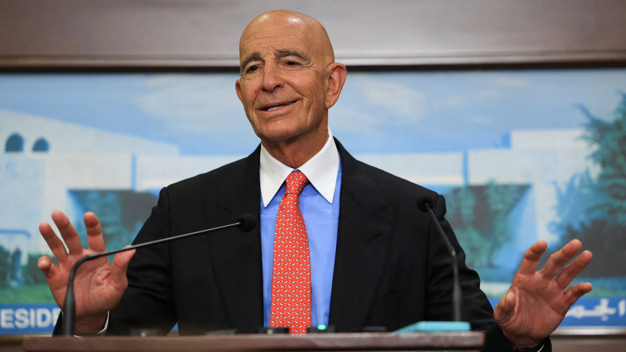 U.S. Ambassador to Turkey and U.S. special envoy for Syria Thomas Barrack speaks after meeting with Lebanese President Joseph Aoun (not pictured) at the presidential palace in Baabda, Lebanon August 26, 2025. REUTERS/Mohamed Azakir