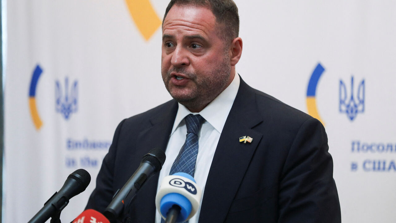 FILE PHOTO: Ukrainian Presidential Office Head Andriy Yermak speaks during a press briefing at the Ukrainian Embassy in Washington, D.C., U.S., June 4, 2025. REUTERS/Anna Rose Layden/ File Photo