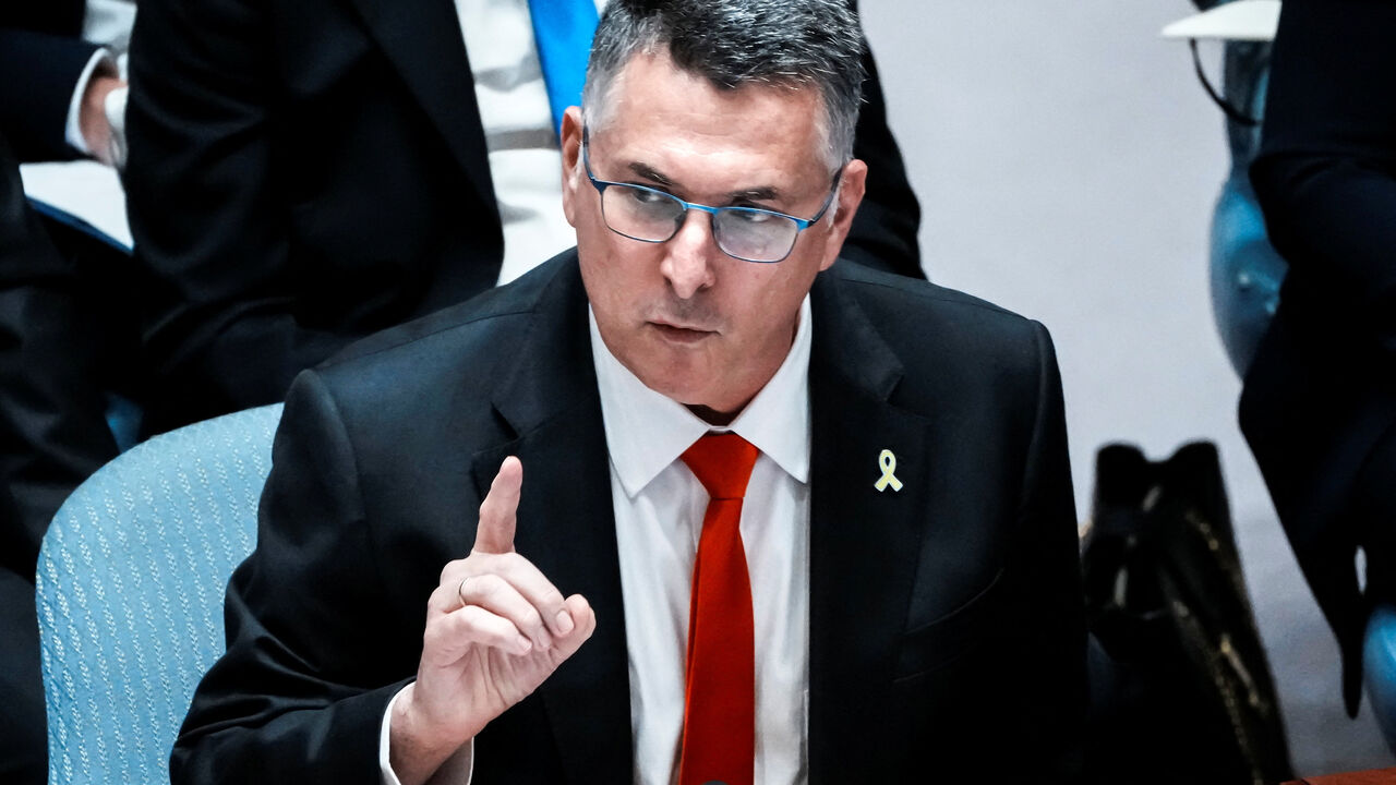 FILE PHOTO: Israeli Foreign Minister Gideon Saar speaks to delegates during a Security Council meeting at U.N. headquarters in New York City, U.S., August 5, 2025.  REUTERS/Eduardo Munoz/ File Photo