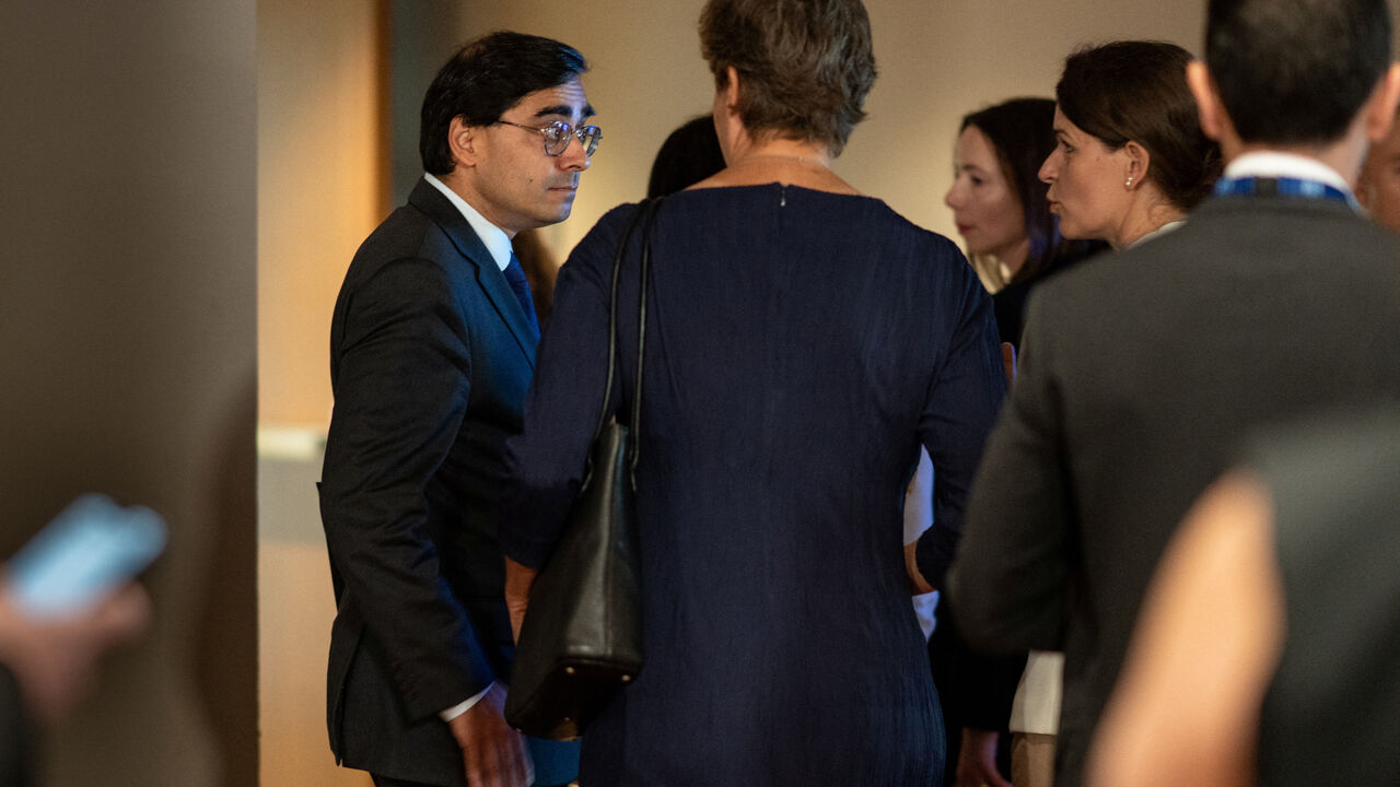 Deputy French Ambassador to the United Nations Jay Dharmadhikari and United Kingdom’s Ambassador Barbara Woodward exit a press meeting about Iran and nuclear weapons outside the U.N. Security Council chamber at U.N. Headquarters in New York City, U.S., August 29, 2025. REUTERS/Angelina Katsanis